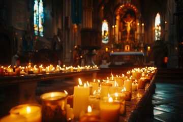 A heartwarming scene of candlelit prayer inside a church, with flickering flames casting a warm, dreamy ambiance that envelops worshippers in a sense of tranquility and spiritualit