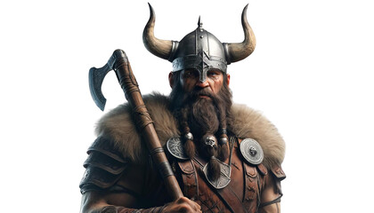 Viking warrior with horned helmet and fur cape - obrazy, fototapety, plakaty