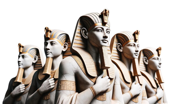 Five pharaohs in a row, made of stone, with golden headdresses and collars, looking forward
