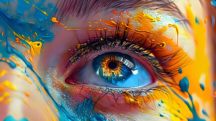 Creative sight. painted eyes with colorful brushes and vernice.
