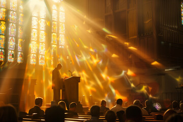 inspiring image of a pastor delivering a sermon inside a church, with sunlight streaming through the stained glass windows and casting a warm, dreamy glow over the congregation, fo