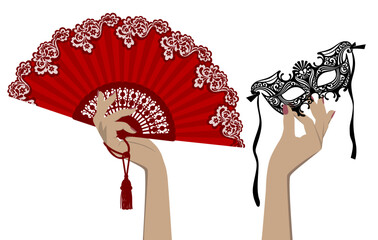 Female hands with a red open fan and a black decorative Venetian mask isolated on a white background. Flat design. Vector illustration