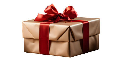 Gold gift box with decorative red ribbon isolated on transparent background. Festive sparkling decoration. PNG, cutout.
