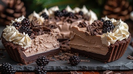   A chocolate cake on a slate platter, topped with chocolate frosting and blackberries, surrounded by pine cones in the background