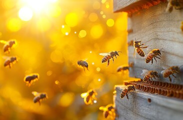 bees on honeycomb, commercial quality, with sunlight casting a perfect glow for ads
