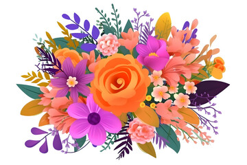 Flowers illustration, botanical arrangement, festive floral bouquet, bright candy colors, isolated on transparent background. Happy mothers, valentines, womens day concept. PNG, cutout.