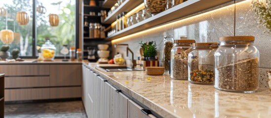 Contemporary kitchen interior featuring glass jars displayed on a natural stone countertop.