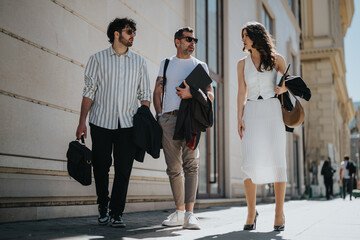 Group of multi-aged business associates brainstorming and collaborating on ideas while walking in...