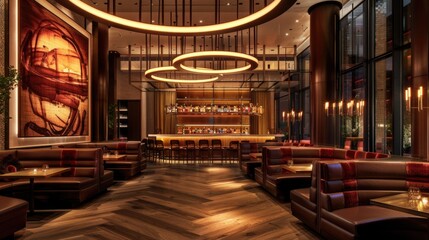 Fine dining restaurant, ambient lighting, upscale decor, elegant table settings, sophisticated atmosphere, gourmet setting Mockup