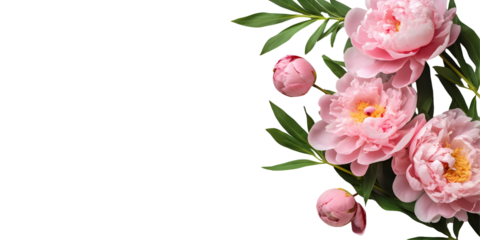Peonies flowers isolated on transparent background, Top view flat lay. Valentine's, womens, mothers day, birthday or wedding concept. PNG, cutout.