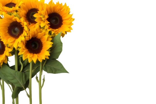 Sunflowers isolated on transparent background, Top view flat lay. Valentine's, womens, mothers day, birthday or wedding concept. PNG, cutout.