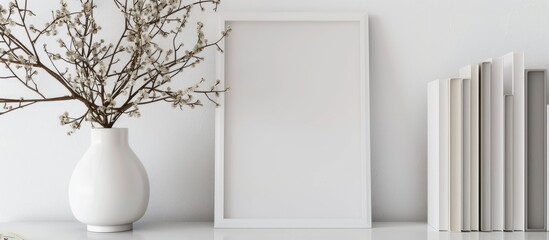 Display a white picture frame and dried twigs in a vase on a bookshelf or desk. The color scheme is mostly white. - obrazy, fototapety, plakaty