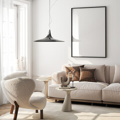 Frame mockup, ISO A paper size. Living room wall poster mockup. Interior mockup with house background. Modern interior design. 3D render
- 788756111