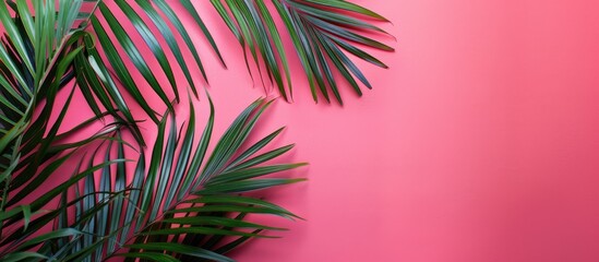 A tropical palm tree leaf set against a vibrant pink backdrop with empty space for text.