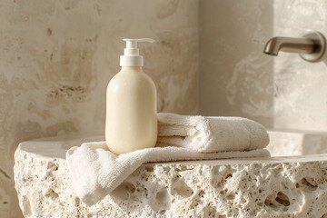 Light beige plastic pump bottle mockup with blank label on a stone counter. Modern minimalistic bathroom interior, nature-inspired aesthetics