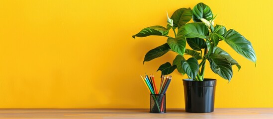 Desk with a plant, pencils, and space for your work