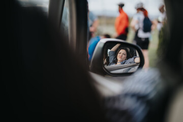 Captured through the car window, this image shows a jovial young woman smiling in the side mirror,...