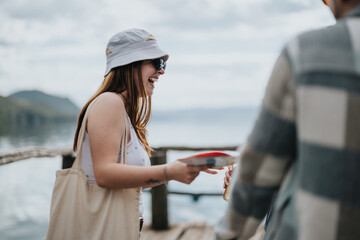 Happy female tourist laughing while chatting with a companion on a lakeside journey during their holiday travel. - obrazy, fototapety, plakaty