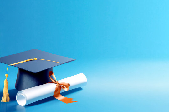 Graduationshut und Zeugnis vor blauen Hintergrund 