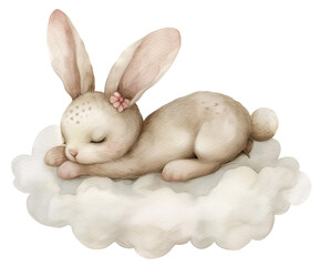 Cute cartoon bunny sleeping on a cloud, watercolor illustration - obrazy, fototapety, plakaty