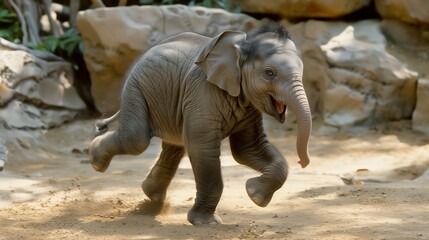 Elephant calf walks on hind legs in dirt, adorable sight