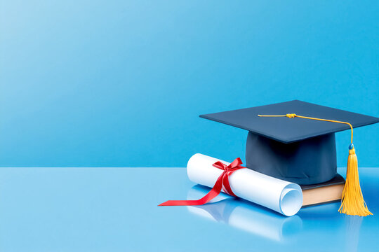 Graduationshut und Zeugnis vor blauen Hintergrund 