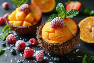 fresh fruit sorbet with raspberries and mint in coconut bowls on a dark surface - obrazy, fototapety, plakaty