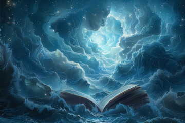 mystical open book illuminating a dark stormy ocean with light, revealing hidden worlds and stories - obrazy, fototapety, plakaty