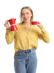 Pretty young woman with geyser coffee maker and cup of espresso on white background