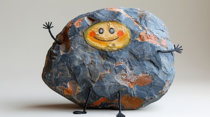   A rock depicted with a smiling face and outstretched arm, displaying both hands and two legs