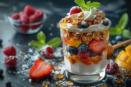 delicious layered fruit and yogurt parfait with granola, fresh berries, and mint on a dark background