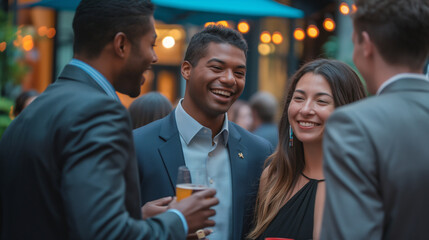 Professionals at a networking event, mingling with bright smiles and animated gestures, exchanging business cards in a chic urban setting.