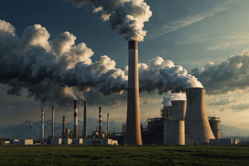 Carbon emissions from modern factories.Pricing system.Taxes on emissions. - obrazy, fototapety, plakaty