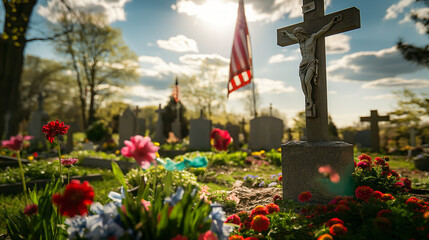 A vibrant spring day in a peaceful cemetery, the bright colors of flowers and flags contrasting against the solemnity of a cross adorned with a waving American flag.