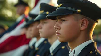 A group of young cadets in uniform standing by a cross draped in a large American flag, their expressions somber yet proud on Memorial Day.