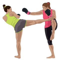 kickboxing, match between two female boxers isolated on a white background