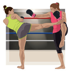 kickboxing, match between two female boxers in a boxing ring in the background