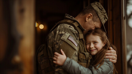 A proud military father standing on the doorstep, embracing his child tightly with tears of happiness, finally back home after a long deployment. - obrazy, fototapety, plakaty