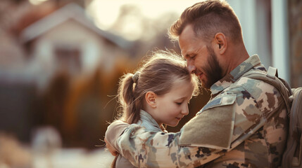A proud military father standing on the doorstep, embracing his child tightly with tears of happiness, finally back home after a long deployment.