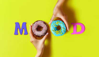 Female hands holding donuts with pink and blue icing isolated on vibrant yellow background with the word 'MOOD'. Top view, minimal flat lay, pop art. Concept of food for good mood.