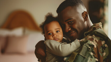 A soldier in camouflage holding his infant daughter in his arms, their eyes locked in a moment of pure love and connection, amid a cozy home setting.