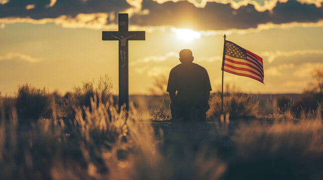 A solitary figure kneeling in front of a cross adorned with an American flag, paying silent tribute to fallen heroes under the warm glow of sunlight.