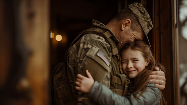 A proud military father standing on the doorstep, embracing his child tightly with tears of happiness, finally back home after a long deployment.