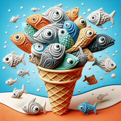 ice cream cone with fishes