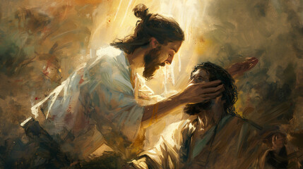 A touching scene of Jesus healing a blind man, portrayed with soft, ethereal colors and delicate brushstrokes. Light radiates from his hands, illuminating the hopeful recipient. - obrazy, fototapety, plakaty