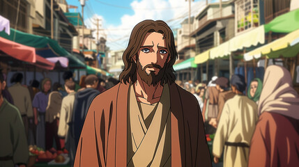 Jesus performing miracles amidst a bustling marketplace, depicted with dynamic anime flair. His kind eyes radiate determination and compassion as he heals and helps those in need.