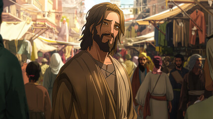 Jesus performing miracles amidst a bustling marketplace, depicted with dynamic anime flair. His kind eyes radiate determination and compassion as he heals and helps those in need.