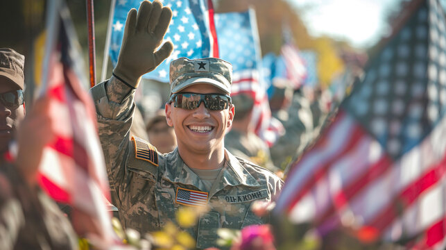 A soldier returning to a small-town parade in his honor, waving proudly from a float adorned with American flags, surrounded by cheering community members.
