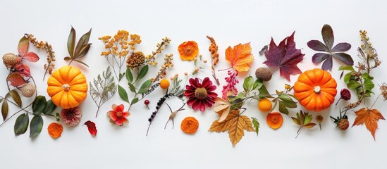 Autumn arrangement featuring dried leaves, pumpkins, flowers, and rowan berries displayed on a white background. Represents the essence of autumn, fall, Halloween, and Thanksgiving. - obrazy, fototapety, plakaty