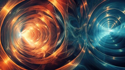 Wavy cosmic colorful fractal image mesmerizing art piece of blue and yellow fire and water hues with mysterious light in darkness - obrazy, fototapety, plakaty